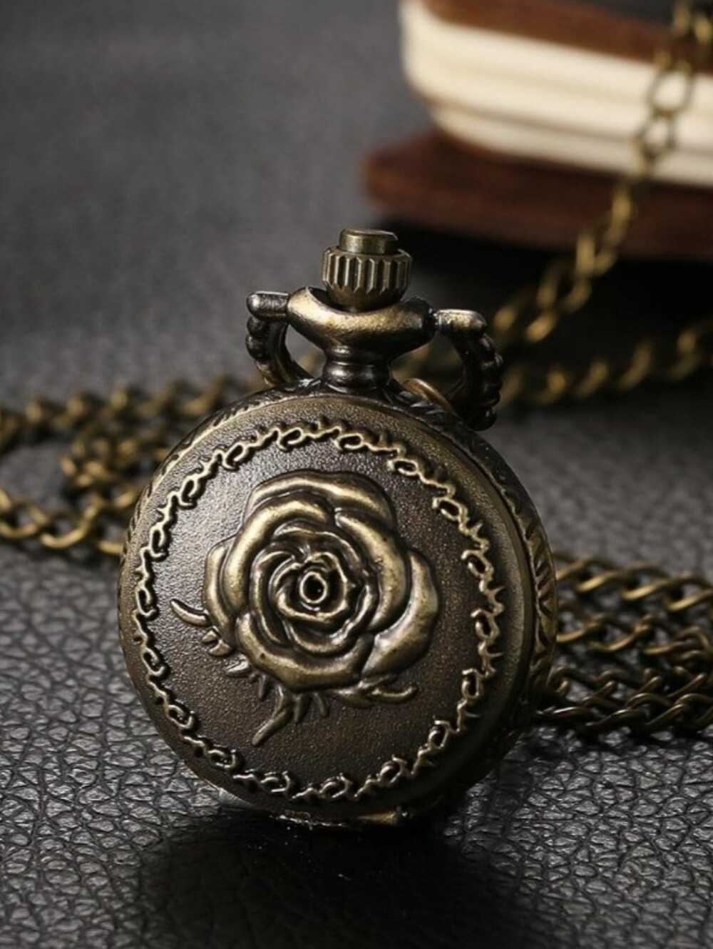 Vintage Rose Pocket Watch Pendant Necklace Bronze
